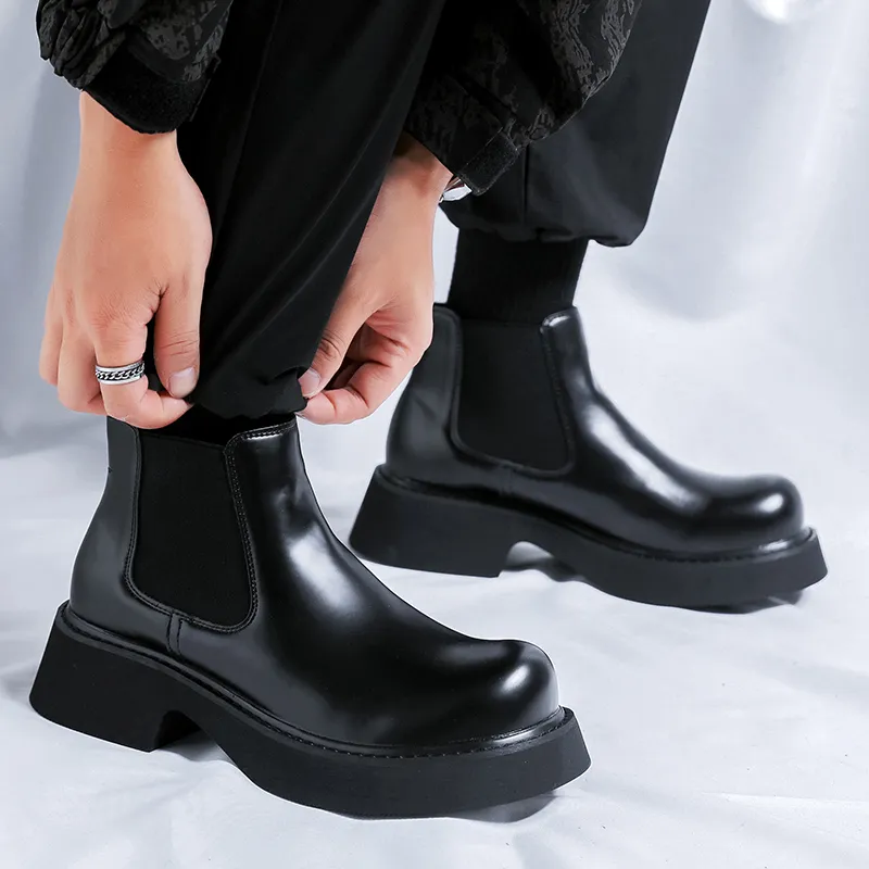 WEISHIBANGWEI Short Chelsea Boots Medium Heel Men's Black-5
