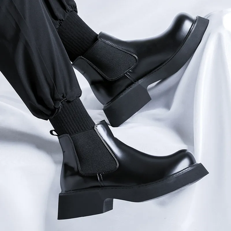 WEISHIBANGWEI Short Chelsea Boots Medium Heel Men's Black-4