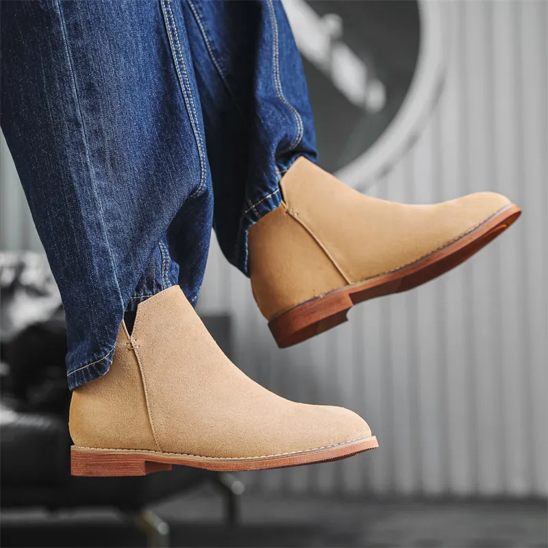 WEISHIBANGWEI Ankle Boots Medium Heel Men's Beige-5
