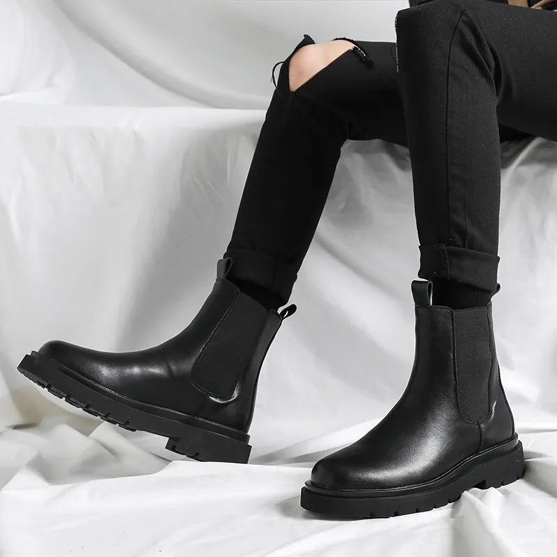 WEISHIBANGWEI Crew Chelsea Boots Medium Heel Men's-18