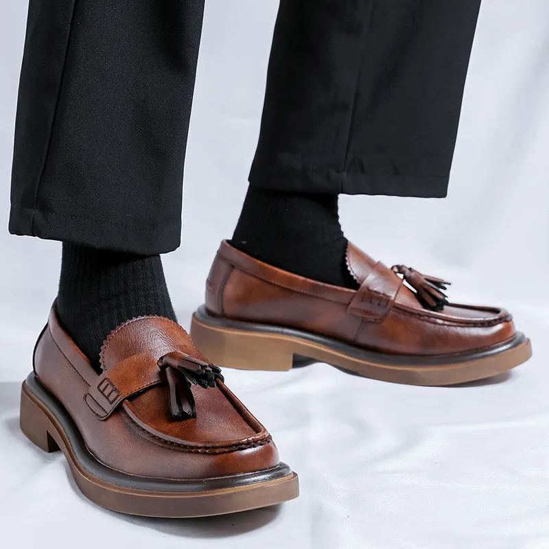 WEISHIBANGWEI Loafers Medium Heel Men's Black-17