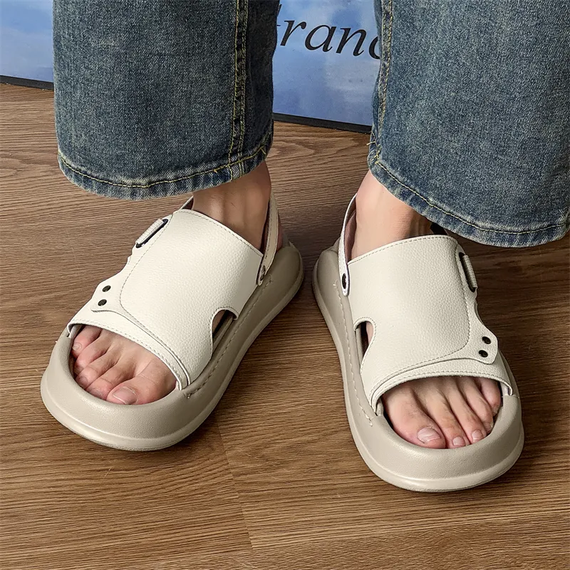 WEISHIBANGWEI Beach Sandals Men's Litchi Grain White-4
