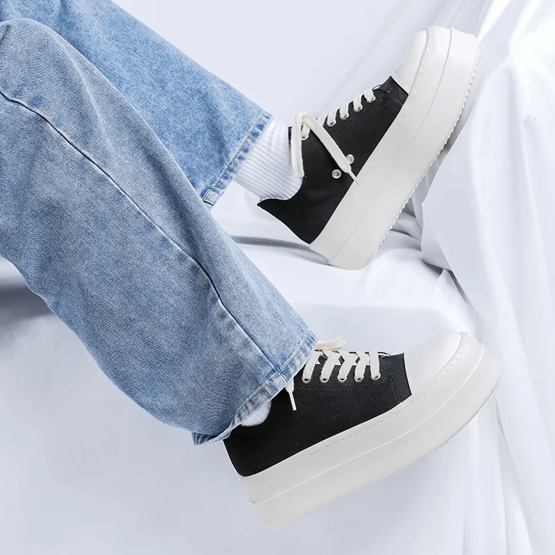 WEISHIBANGWEI Height Increasing Wear Resistant Slip Resistant Low Top Canvas Shoes Unisex Black-3