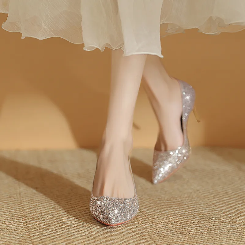 WEISHIBANGWEI Slim Heel High Heels Women's Gold-3