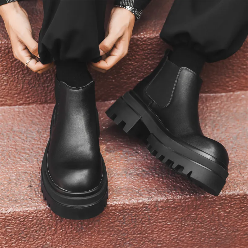 WEISHIBANGWEI Short Chelsea Boots Medium Heel Men's Black-2