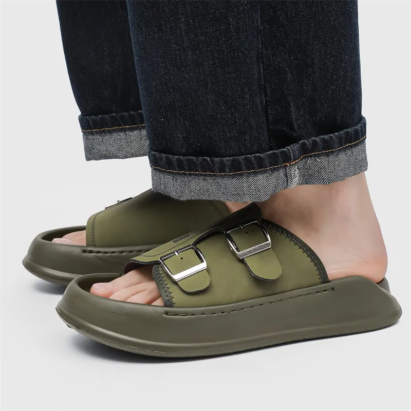 WEISHIBANGWEI Slip Resistant Odor Resistant Slide Slippers Men's Olive Green-4