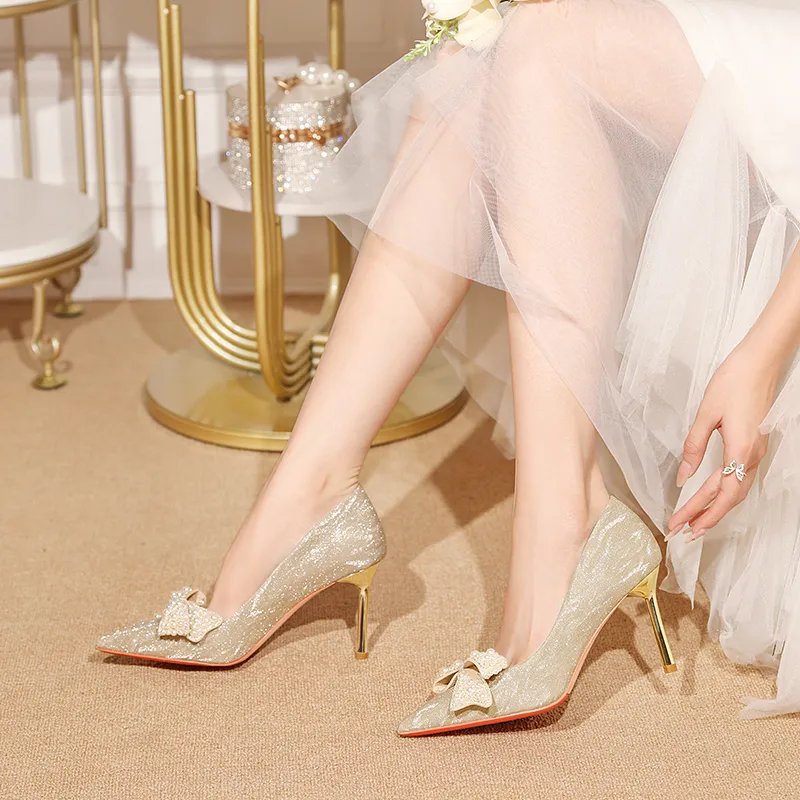 WEISHIBANGWEI Slim Heel High Heels Women's Gold-3