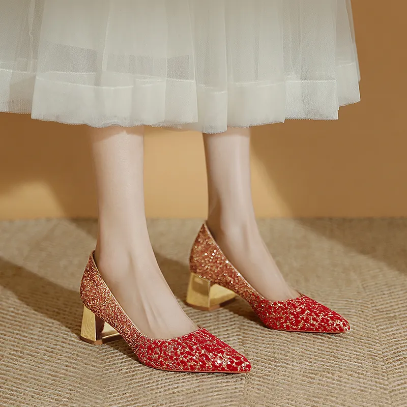 WEISHIBANGWEI Chunky Heel High Heels Women's Red-7