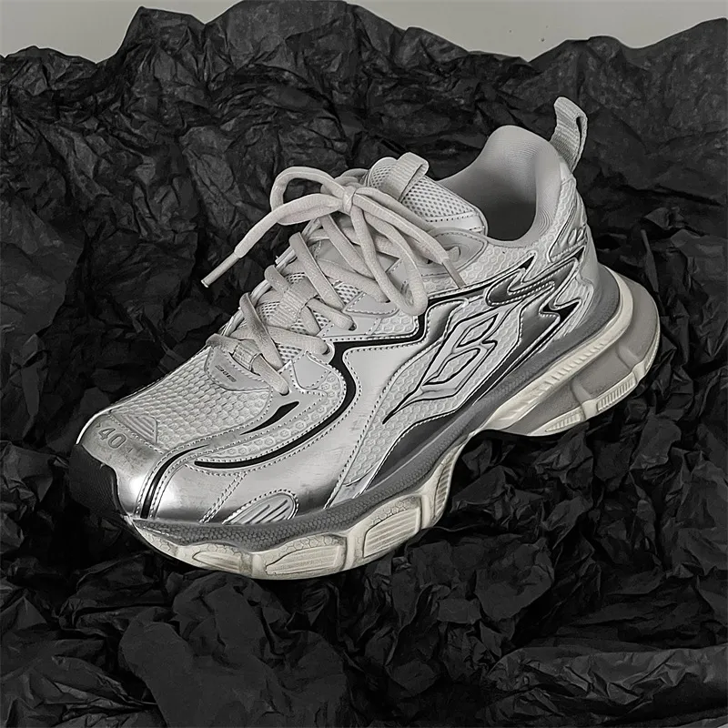 WEISHIBANGWEI Breathable Height Increase Low Top Chunky Sneakers Men's Silver-1