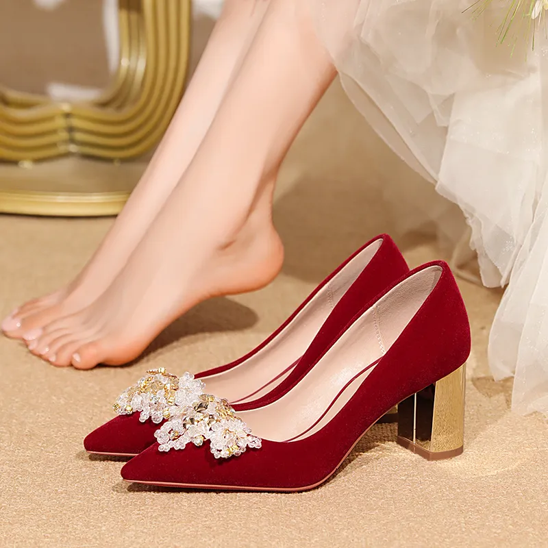 WEISHIBANGWEI Chunky Heel High Heels Women's Burgundy-1