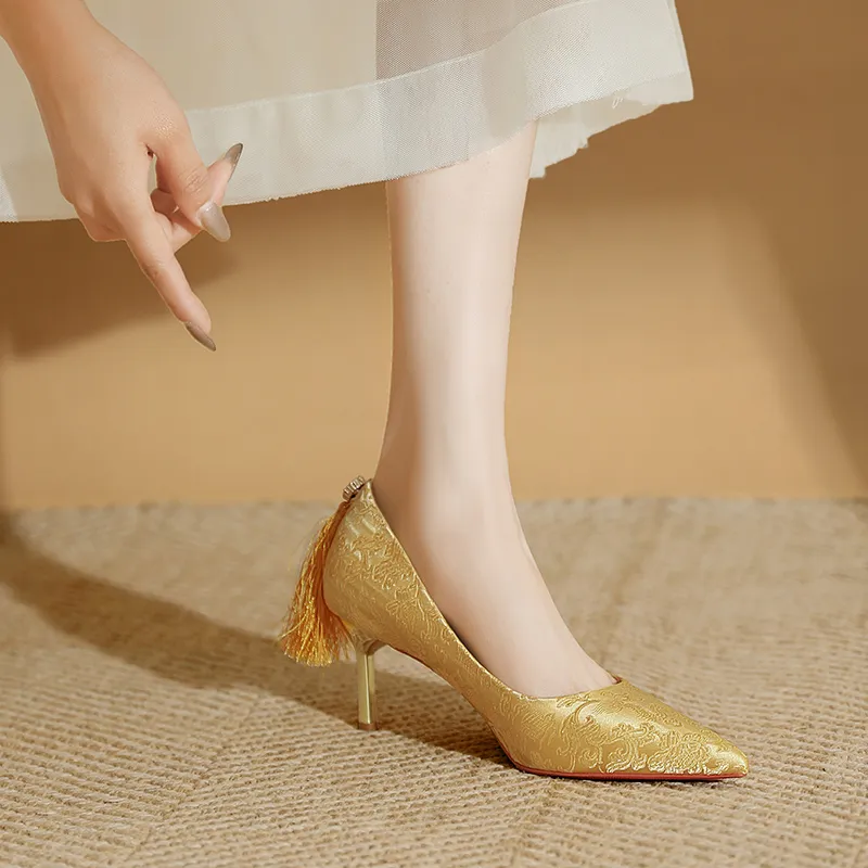 WEISHIBANGWEI Slim Heel High Heels Women's Gold-4