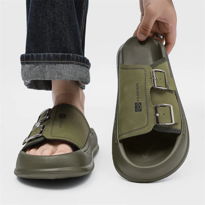 WEISHIBANGWEI Slip Resistant Odor Resistant Slide Slippers Men's Olive Green-2