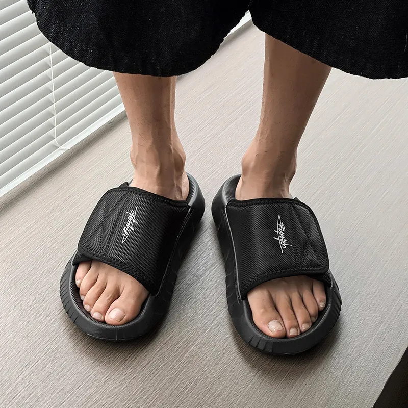 WEISHIBANGWEI Slip Resistant Odor Resistant Slide Slippers Men's Fabric Surface Black-3