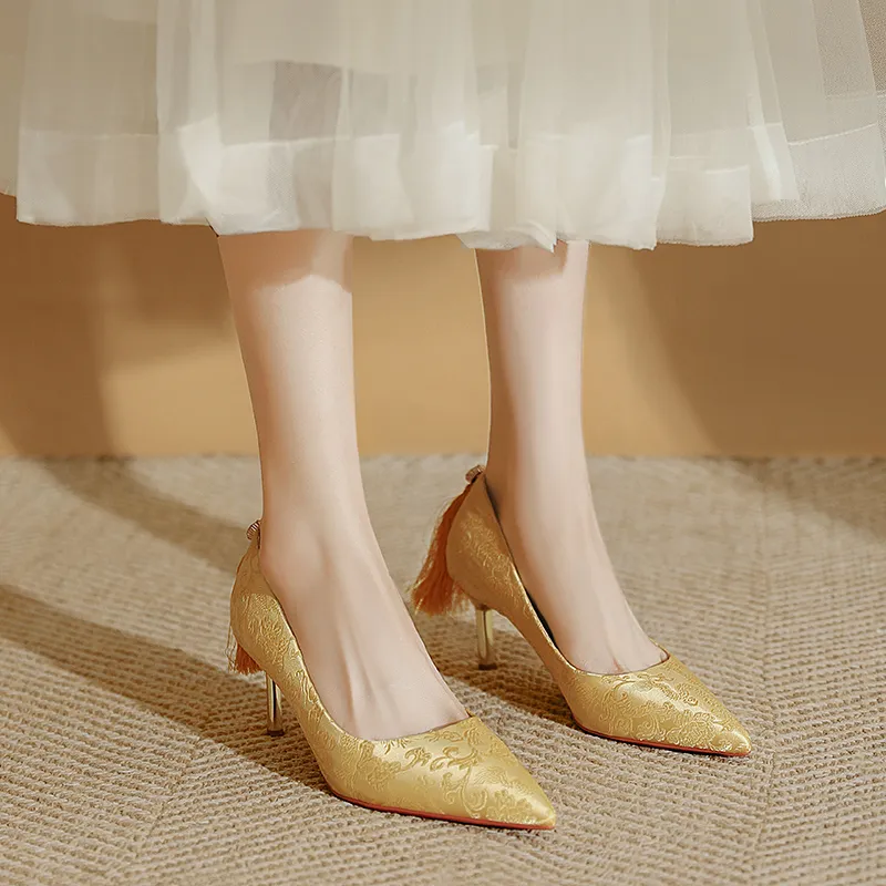 WEISHIBANGWEI Slim Heel High Heels Women's Gold-3