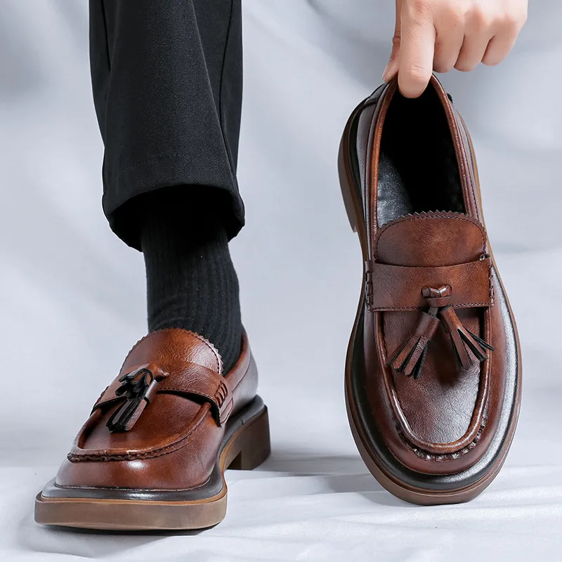 WEISHIBANGWEI Loafers Medium Heel Men's Black-10