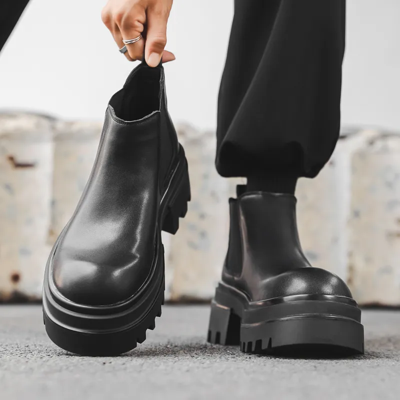 WEISHIBANGWEI Short Chelsea Boots Medium Heel Men's Black-1
