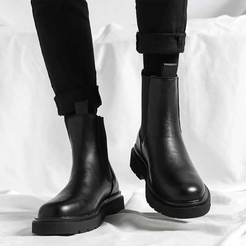WEISHIBANGWEI Crew Chelsea Boots Medium Heel Men's-19