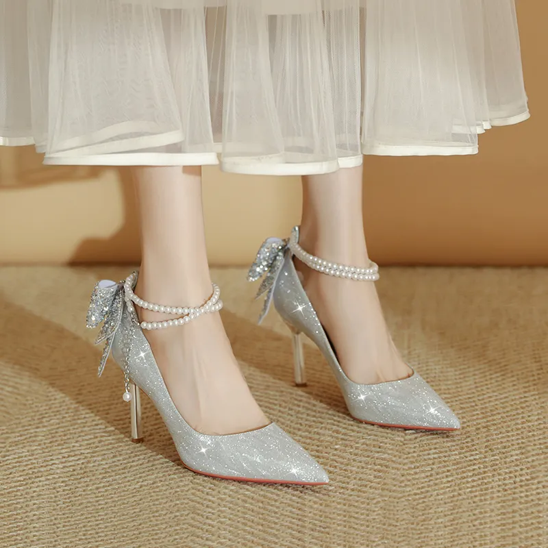 WEISHIBANGWEI Slim Heel High Heels Women's Silver-3