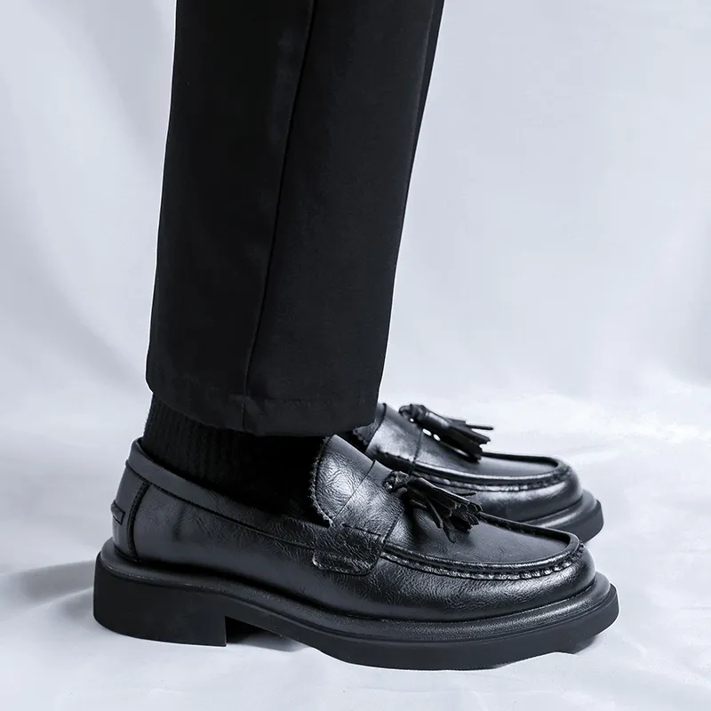 WEISHIBANGWEI Loafers Medium Heel Men's Black-7