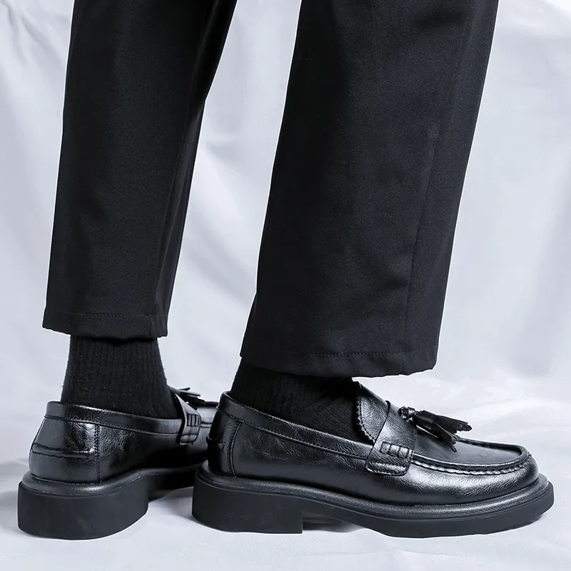 WEISHIBANGWEI Loafers Medium Heel Men's Black-8