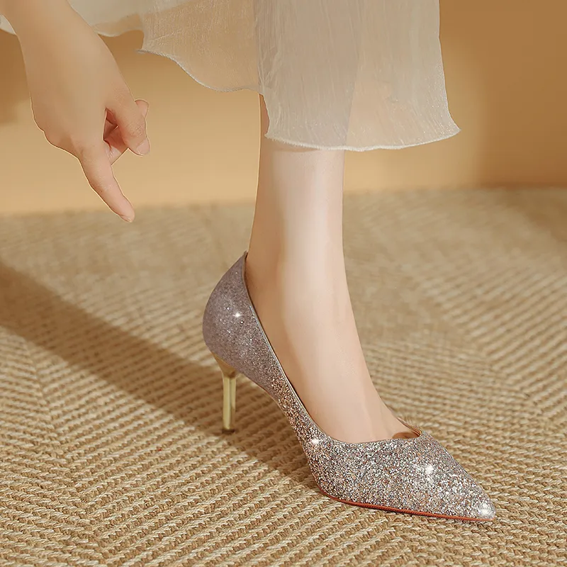 WEISHIBANGWEI Slim Heel High Heels Women's Gold-6