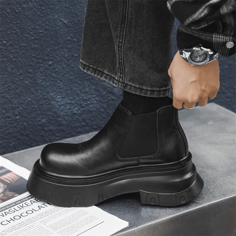 WEISHIBANGWEI Short Chelsea Boots Medium Heel Men's Black-6