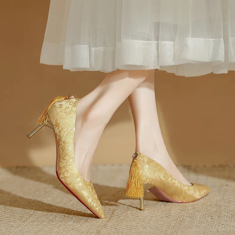 WEISHIBANGWEI Slim Heel High Heels Women's Gold-2