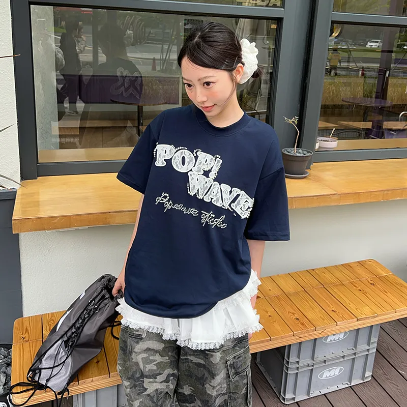 POPWAVE T Shirts Women's Navy Blue Lace Applique Short Sleeved Top-3