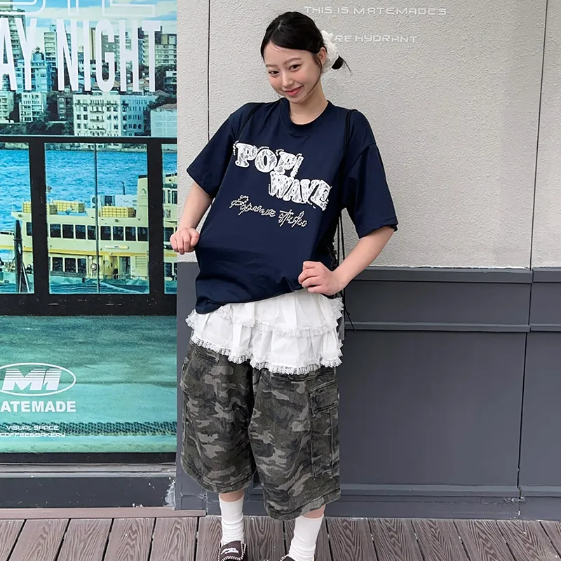 POPWAVE T Shirts Women's Navy Blue Lace Applique Short Sleeved Top-2