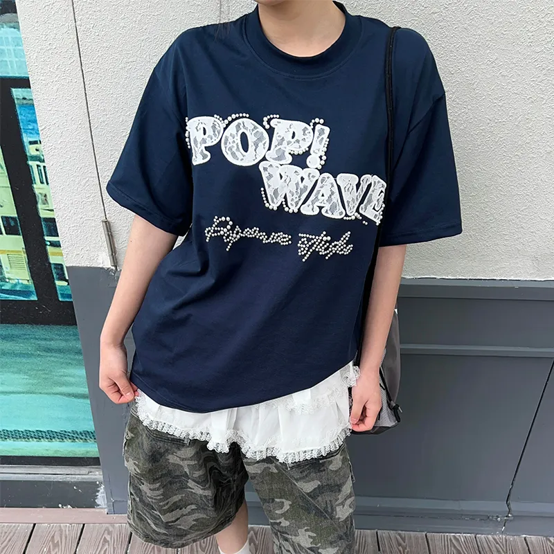 POPWAVE T Shirts Women's Navy Blue Lace Applique Short Sleeved Top-4