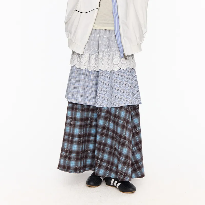 NewJnxs Casual Long Skirt Women's Light Blue Plaid-2