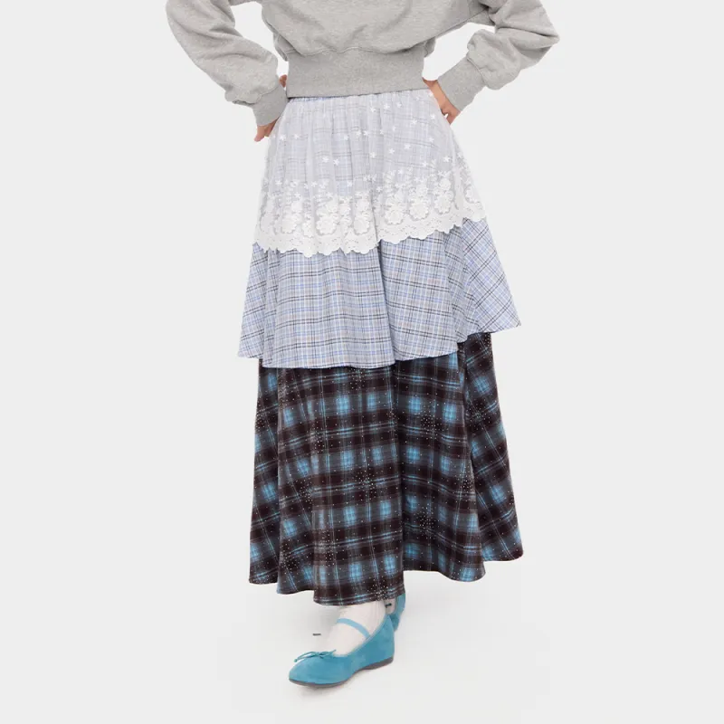 NewJnxs Casual Long Skirt Women's Light Blue Plaid-4
