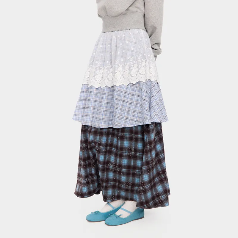 NewJnxs Casual Long Skirt Women's Light Blue Plaid-3