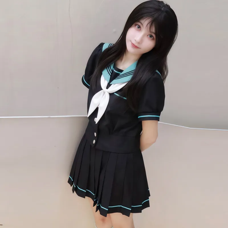 Shuhao Bai Uniforms Women's Hatsune Miku Cinched Waist Puff Sleeve Short Sleeved+Grass Green Fish Knot+Matching Short Skirt-2