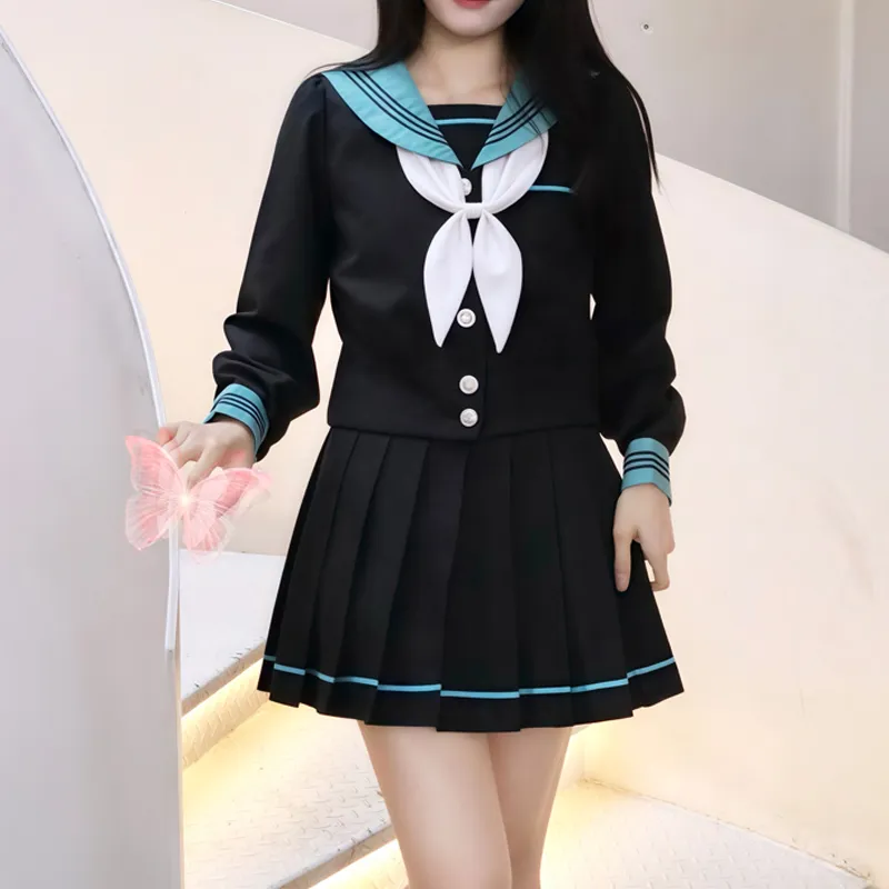 Shuhao Bai Uniforms Women's Hatsune Miku Cinched Waist Puff Sleeve Long Sleeved Top+Grass Green Fish Knot+Matching Short Skirt-2