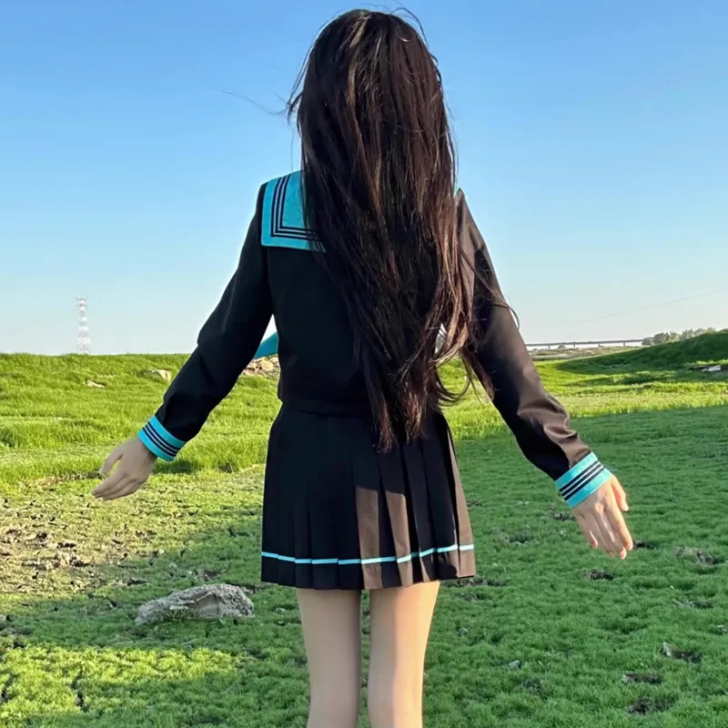 Shuhao Bai Uniforms Women's Hatsune Miku Cinched Waist Puff Sleeve Long Sleeved Top+Grass Green Fish Knot+Matching Short Skirt-1