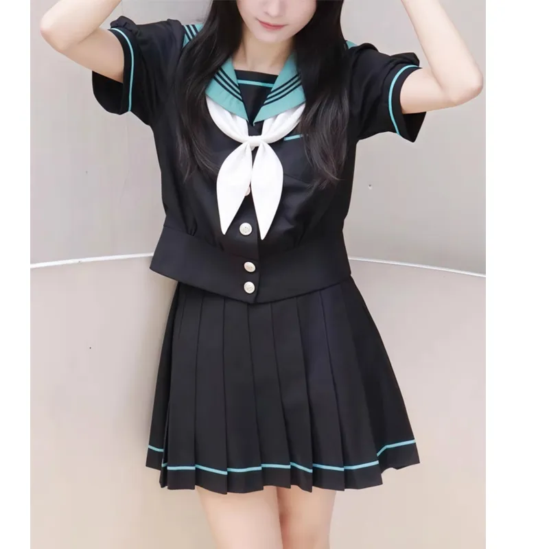 Shuhao Bai Uniforms Women's Hatsune Miku Cinched Waist Puff Sleeve Short Sleeved+Grass Green Fish Knot+Matching Short Skirt-3