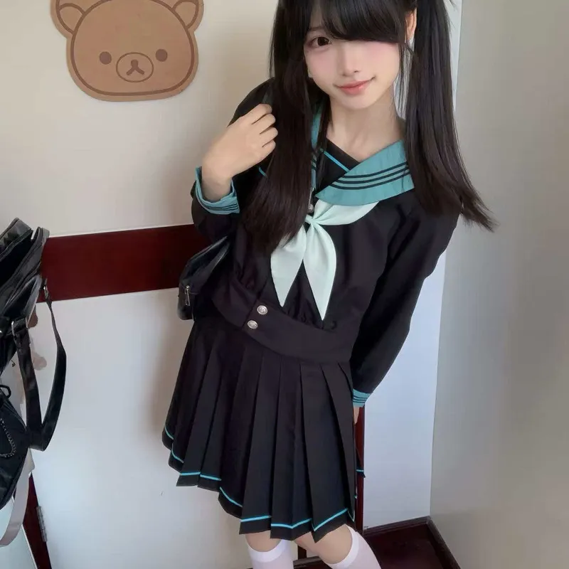 Shuhao Bai Uniforms Women's Hatsune Miku Cinched Waist Puff Sleeve Long Sleeved Top+Grass Green Fish Knot+Matching Short Skirt-4