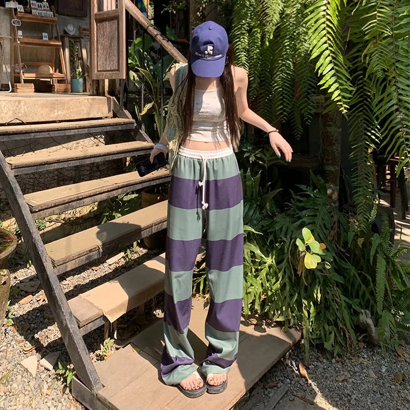 Shuhao Bai Casual Pants Women's Purple Green Stripes-3