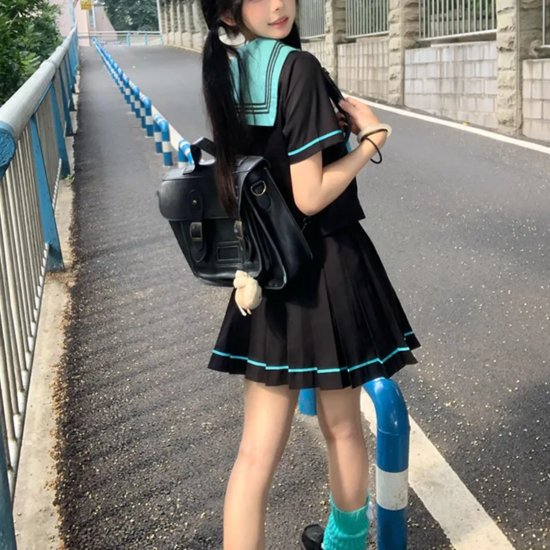 Shuhao Bai Uniforms Women's Hatsune Miku Cinched Waist Puff Sleeve Short Sleeved+Grass Green Fish Knot+Matching Short Skirt-4