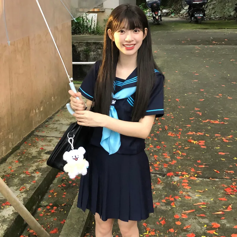 Shuhao Bai Uniforms Women's Revised Blue Three Button Short Sleeved Full Front+Blue Long Handle Bow Tie+Black Short Skirt-3