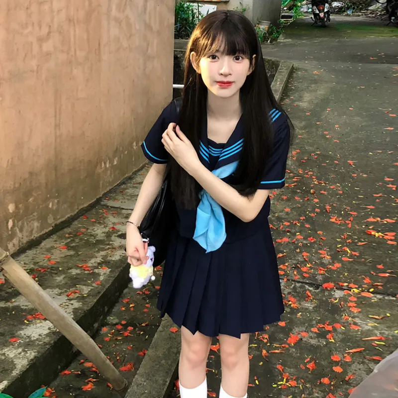 Shuhao Bai Uniforms Women's Revised Blue Three Button Short Sleeved Full Front+Blue Long Handle Bow Tie+Black Short Skirt-2
