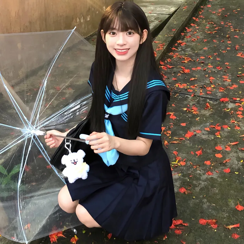 Shuhao Bai Uniforms Women's Revised Blue Three Button Short Sleeved Full Front+Blue Long Handle Bow Tie+Black Short Skirt-5
