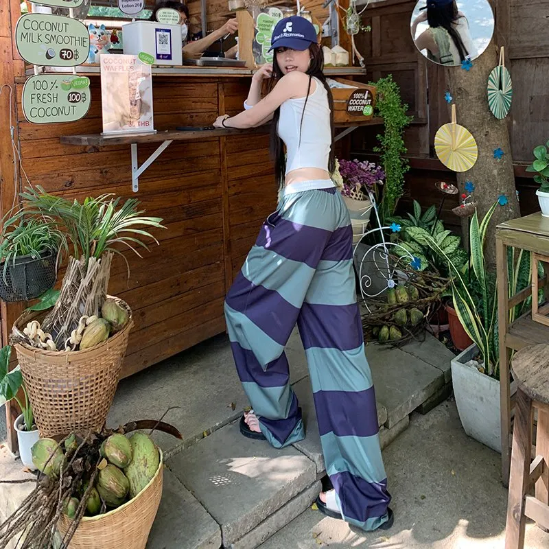 Shuhao Bai Casual Pants Women's Purple Green Stripes-5