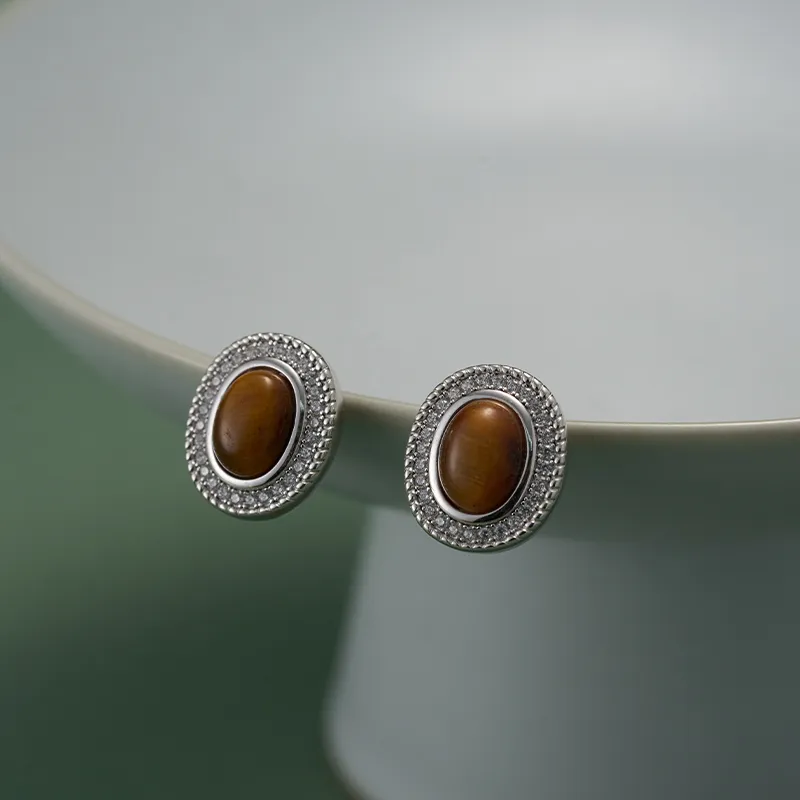 YPYN S925 Silver Stud Earrings Women's Brown-4