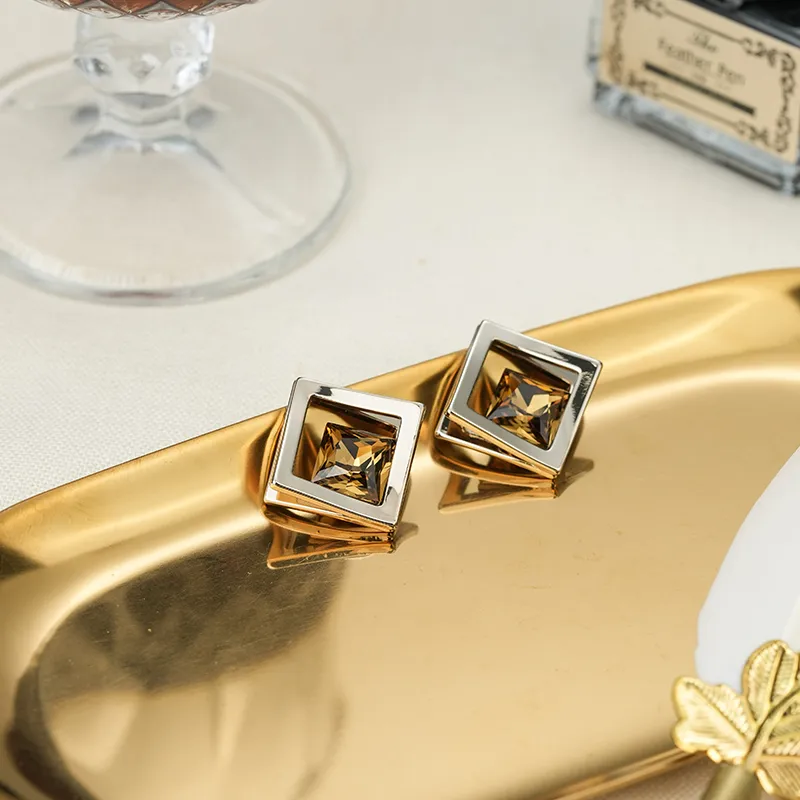 YPYN Geometric Stud Earrings Women's Coffee Gold-4