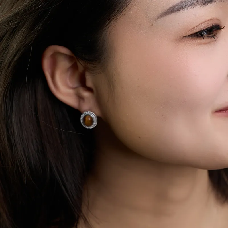 YPYN S925 Silver Stud Earrings Women's Brown-3