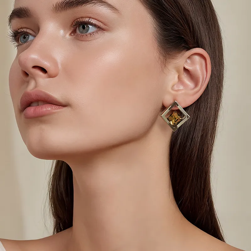 YPYN Geometric Stud Earrings Women's Coffee Gold-2