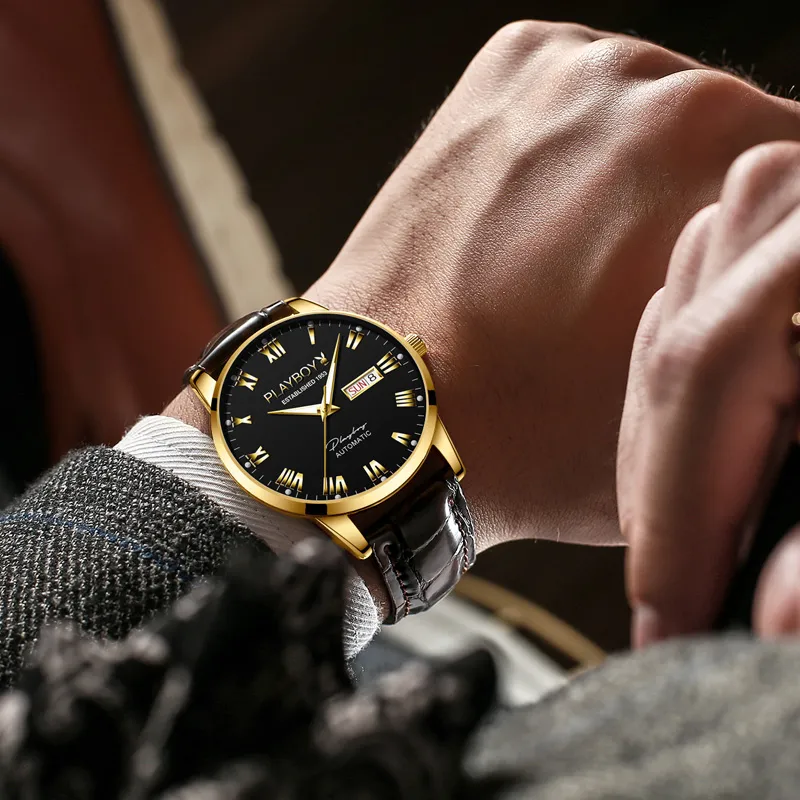 Playboy, Extra Thin Collection Mechanical Movement Leather Strap Watch Men's Watches Black Dial-2