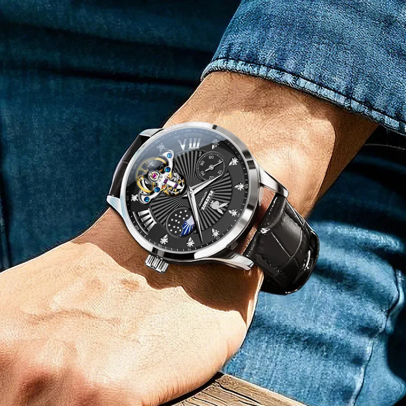 Playboy Mechanical Movement Leather Strap Watch Men's Watches Black Dial-2